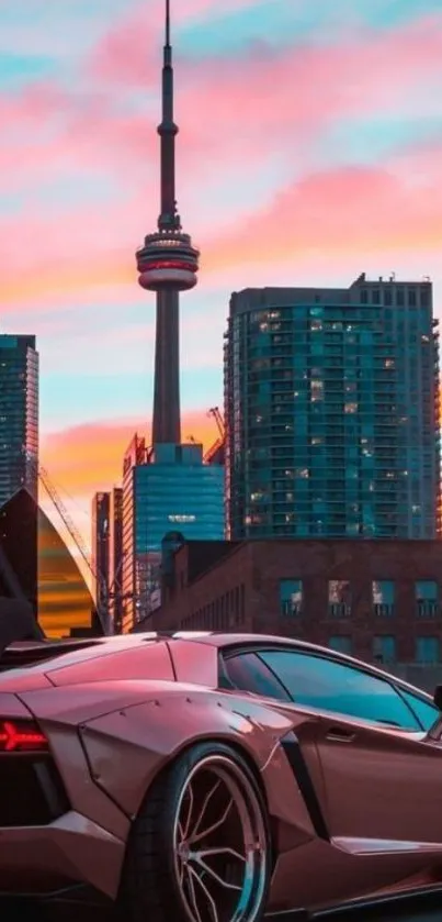 Luxury car in cityscape under sunset sky.