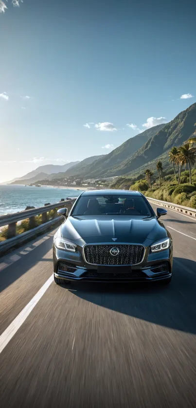 Luxury car driving along a scenic coastal road with mountains and blue skies.