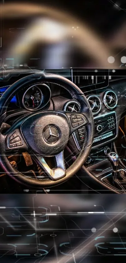 Luxury car dashboard with elegant design and steering wheel.