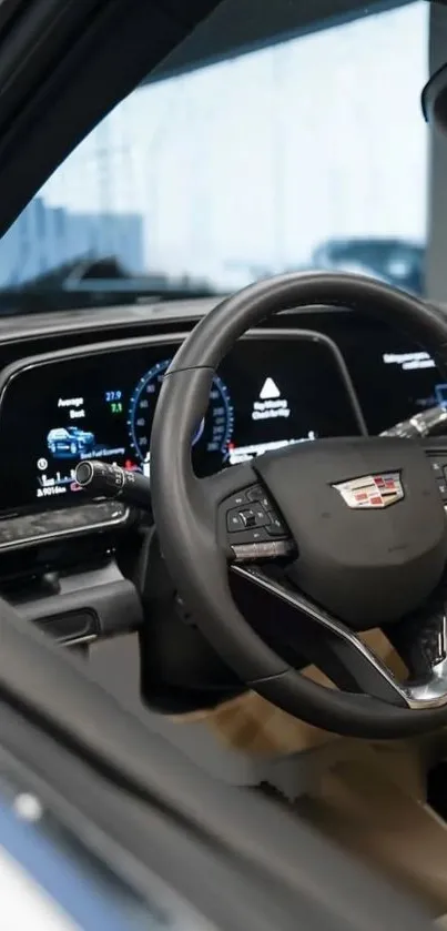 Luxurious car interior featuring a sleek modern dashboard and digital displays.