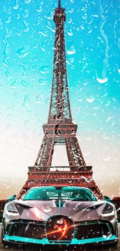 Luxury car under Eiffel Tower against blue sky.