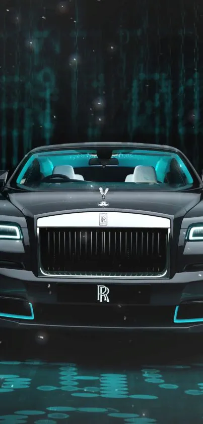 Luxurious car front view on futuristic digital background.