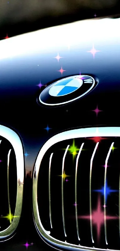 Front view of a luxury car with a shiny chrome grill