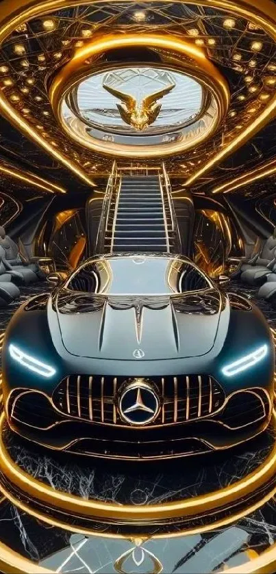 Futuristic luxury car with golden accents in a sleek interior setting.