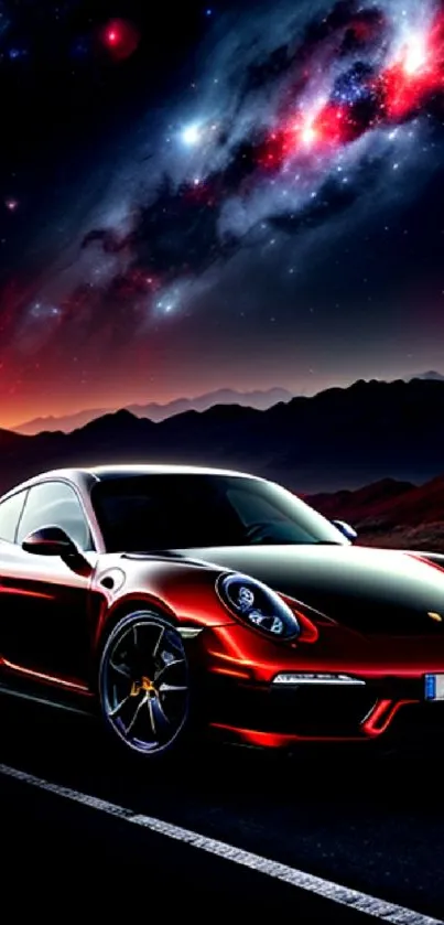 Luxury sports car under a vibrant galaxy night sky on a road.