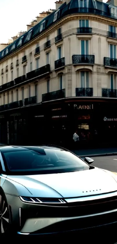 Luxury car drives through a bustling city.