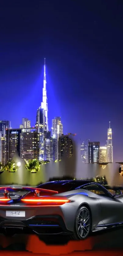 Luxury car in a cityscape at night with city lights.