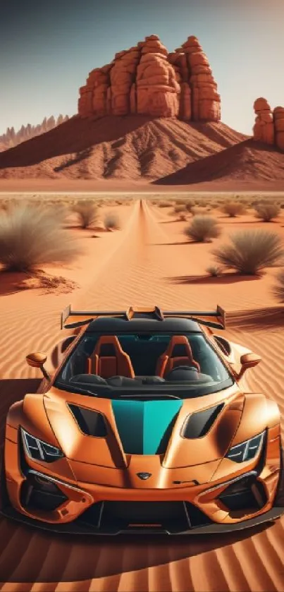 Orange luxury sports car drives through desert landscape with red rock formations.