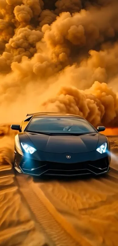 Luxury car driving through desert sandstorm.
