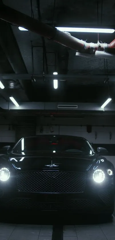 Luxury car in dimly lit garage with headlights on.