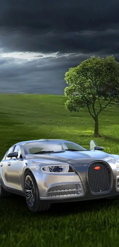 Stylish silver car amidst a lush green landscape with a cloudy sky.