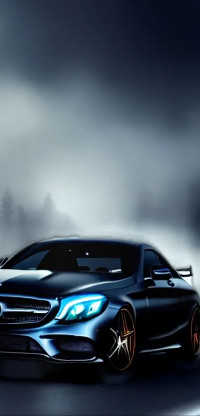 Luxury car driving through misty forest landscape.