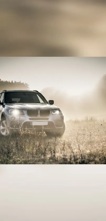 Silver luxury car in a misty landscape, serene and stylish.