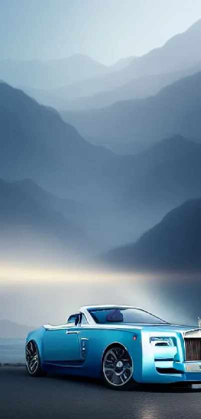 Luxurious car with misty mountain backdrop, elegant and serene.