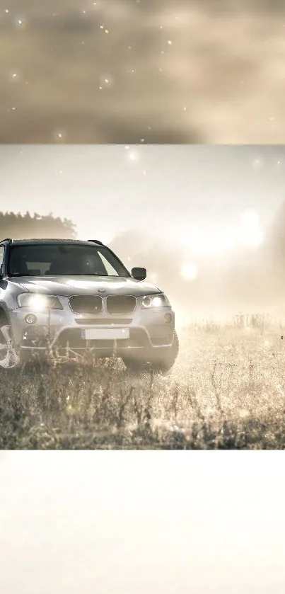 Luxury car driving through morning fog in a serene natural landscape.