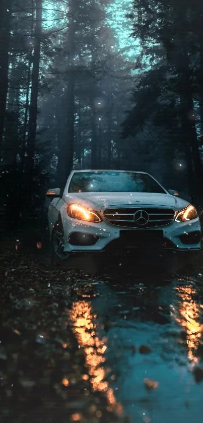 Luxury car parked in a dark teal forest with glowing headlights.