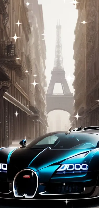 Luxury sports car in Paris with Eiffel Tower backdrop.