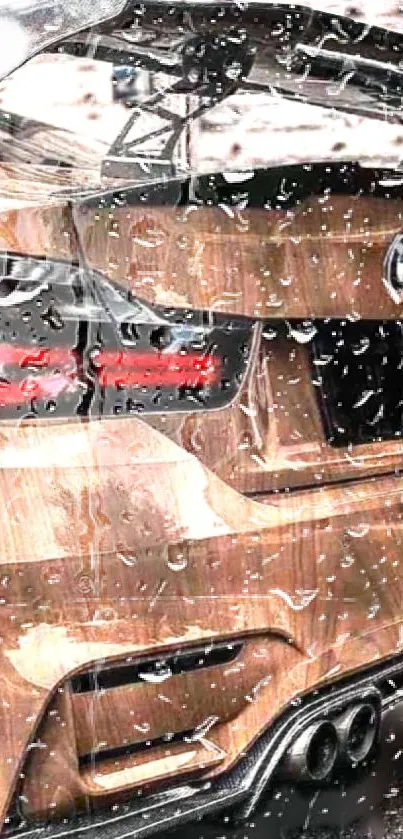 Luxury car parked in the rain with water droplets on a copper-colored surface.