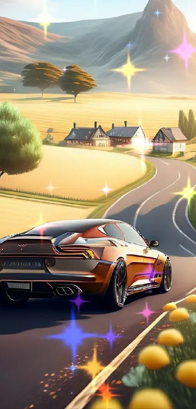 Luxury car on a scenic countryside road with a golden landscape.