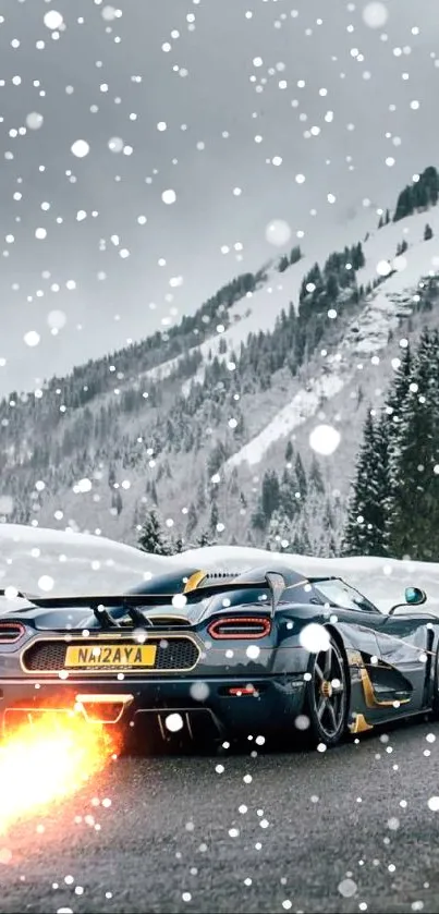 Luxury car on snowy mountain road, perfect for mobile wallpaper.