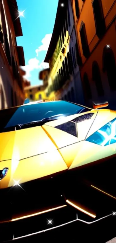 Luxury sports car in a sunlit alley with European architecture.