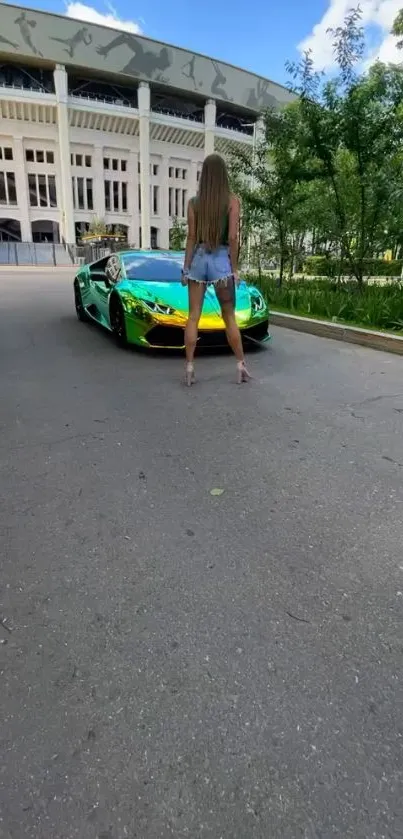 Green luxury car on urban street with modern building backdrop.