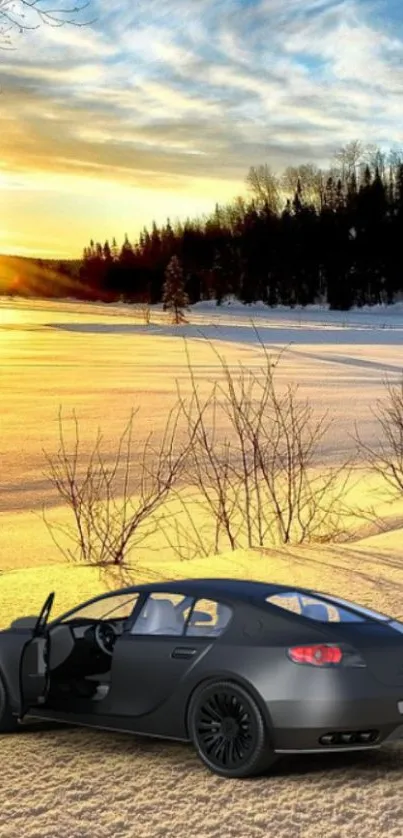 Luxury car at sunrise in a snowy landscape.