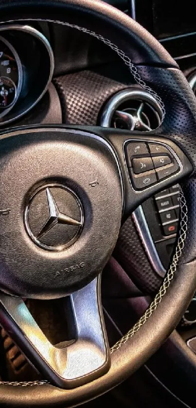 Luxury car interior with steering wheel and dashboard design.