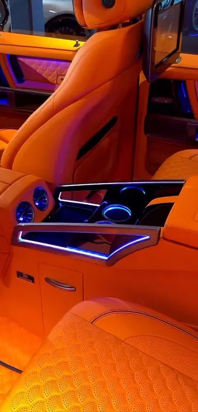 Elegant luxury car interior with orange leather.