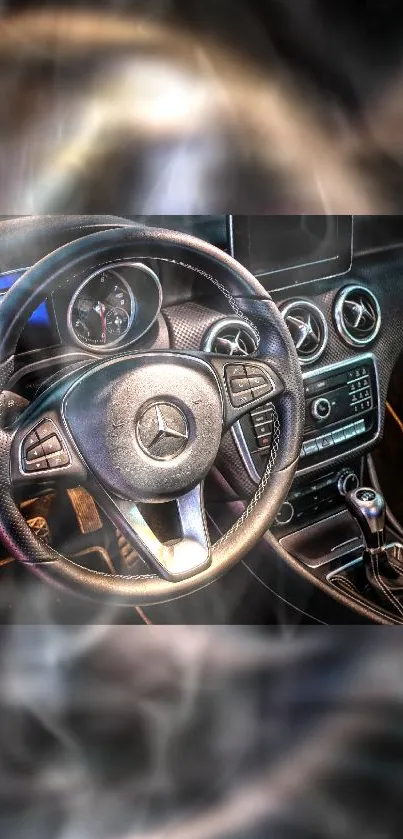 Luxury car interior with steering wheel and dashboard view.