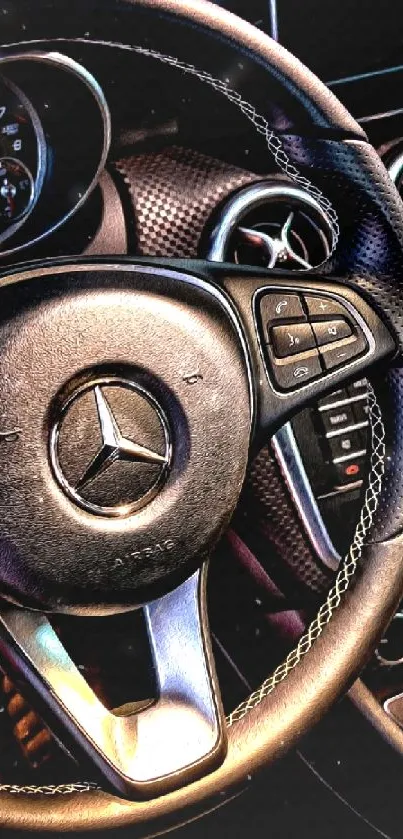 Luxury car interior with modern dashboard and steering wheel.