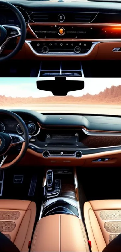 Luxury car interior wallpaper with elegant dashboard and rich brown tones.