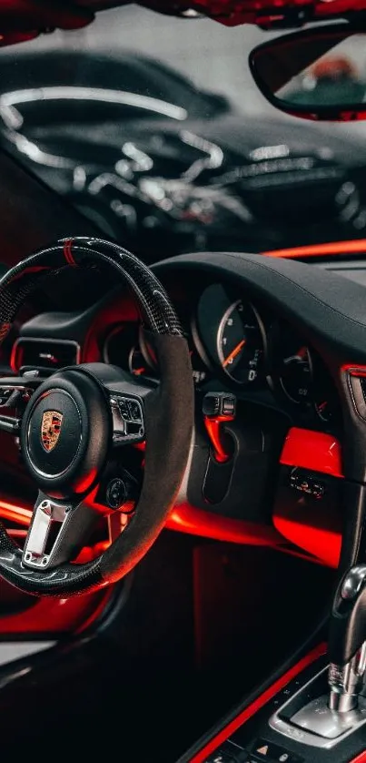 Sleek car interior with red accents.