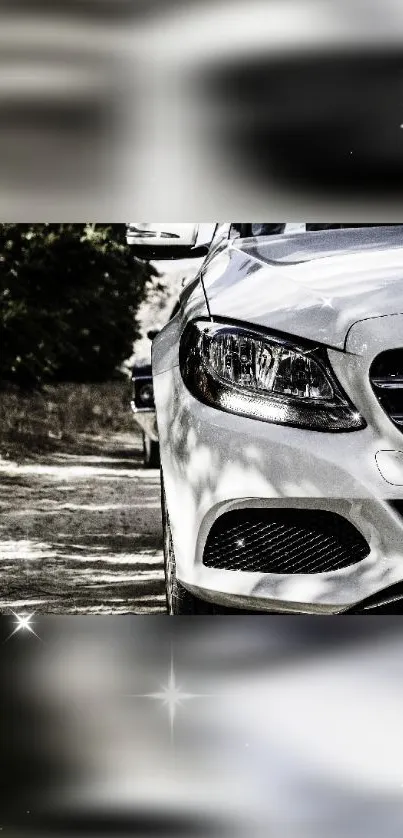 Elegant white luxury car on a scenic road.