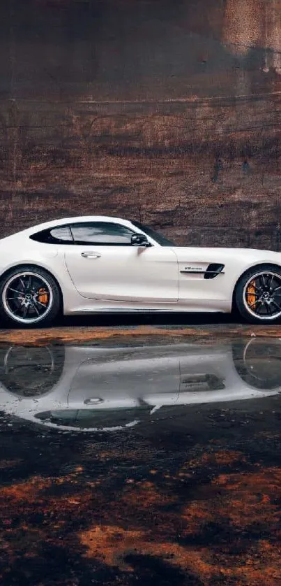 Elegant white sports car with urban reflection.