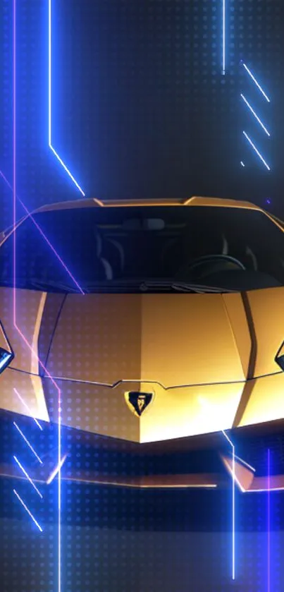 Luxury gold sports car with blue neon lights on a wallpaper.