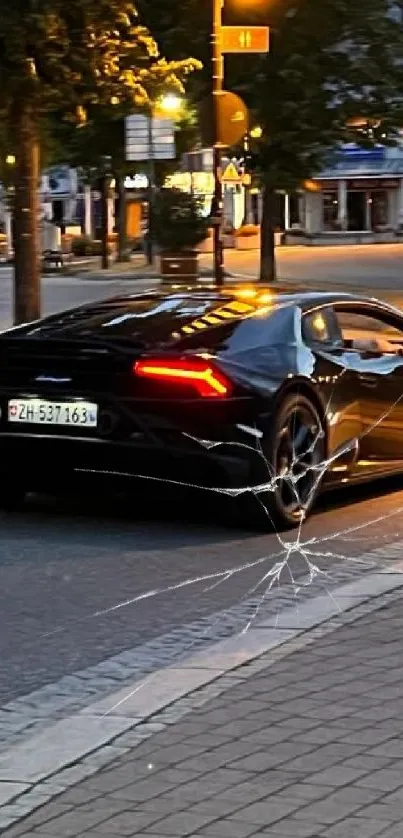 Luxury sports car driving in city at night.