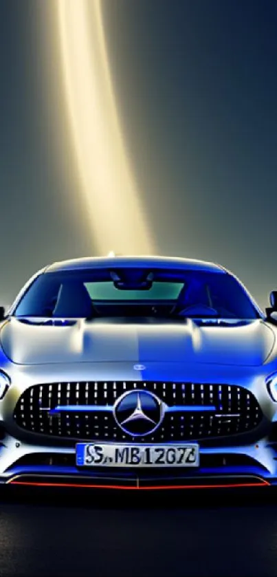 Luxury silver car under a night sky with bright light beam.
