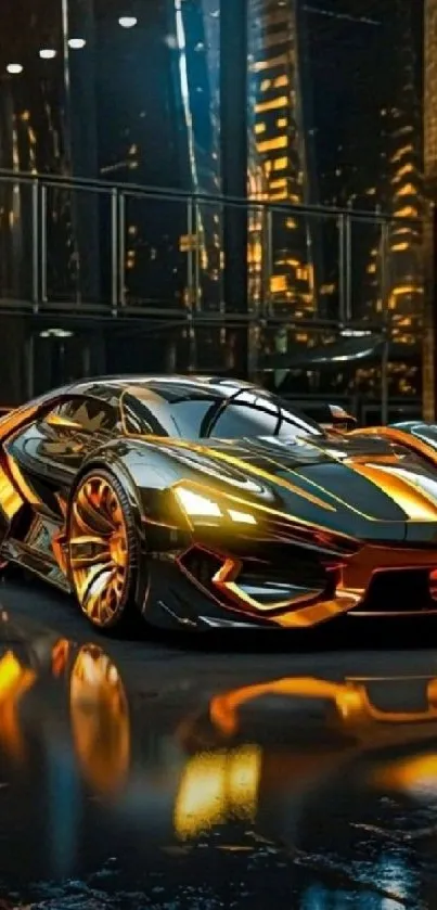A sleek sports car in a neon-lit cityscape with reflections.