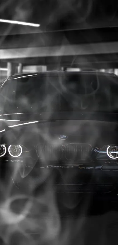 Sleek black luxury car in smoky noir setting.