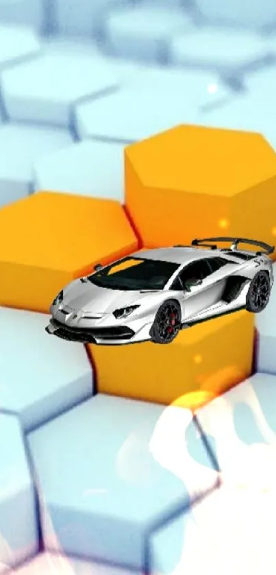 Silver sports car on orange-blue hexagons wallpaper.