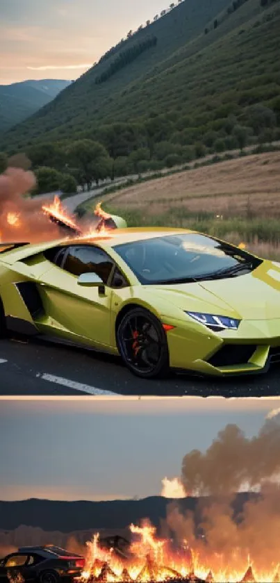 Sleek sports car on a scenic road with dramatic background flames.