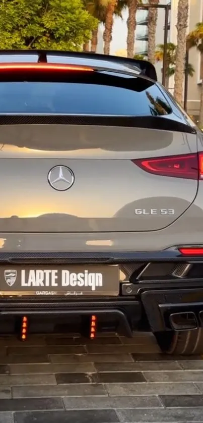Luxury car rear view at sunset, sleek design.
