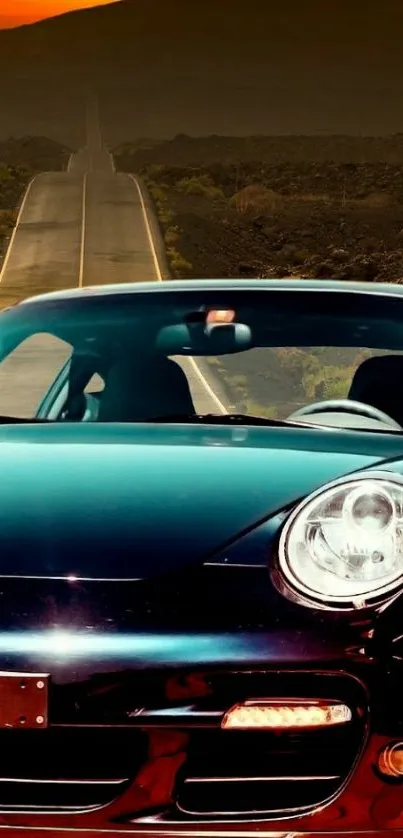 Luxury car on an open road at sunset with scenic background.