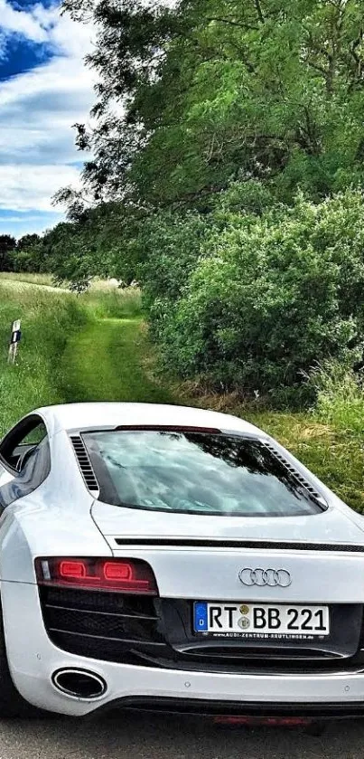 Luxury car on a scenic roadside with greenery and blue sky.