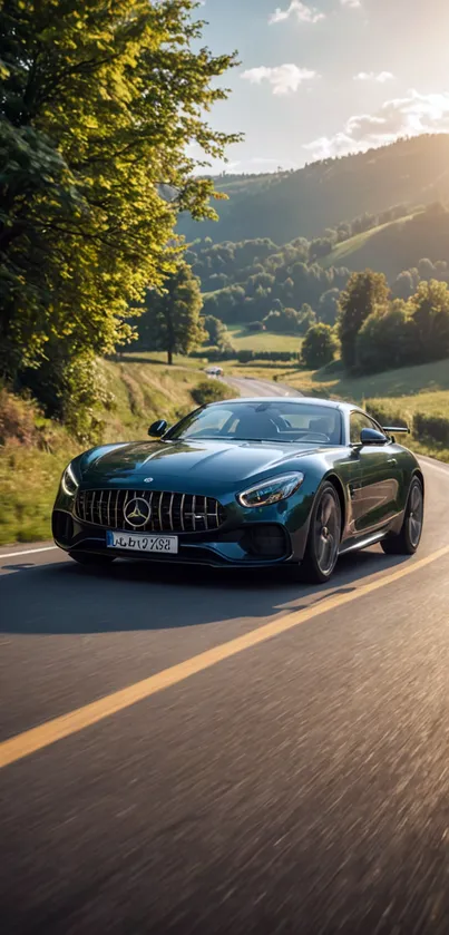 Luxury car driving through scenic green countryside at sunset.