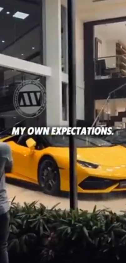 Yellow sports car in a modern showroom with inspiring text overlay.