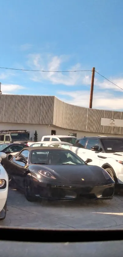 Luxurious cars displayed in a contemporary urban showroom viewed through a car window.