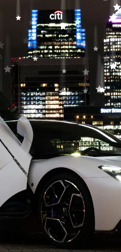 Luxury car with city skyline at night.