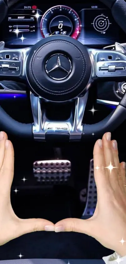 Luxury car steering wheel with sleek design.